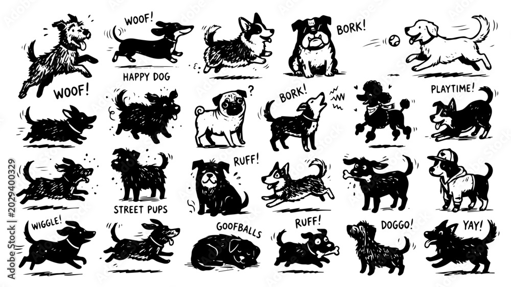 Fototapeta premium Funny Hand-Drawn Dog Doodles in Chalkboard Sketch Style Vector Illustration
