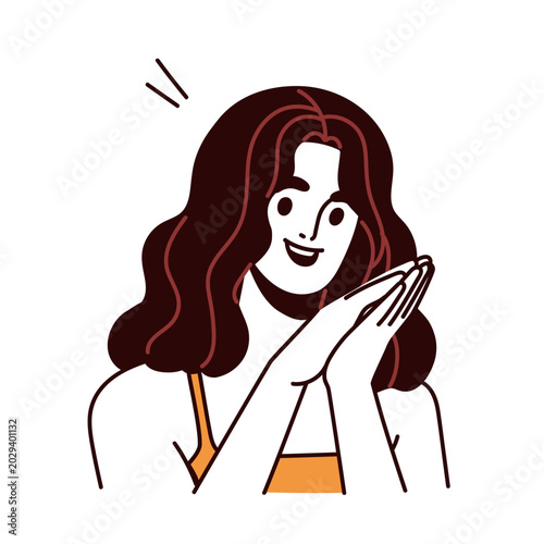 Happy touched woman looking with glad smile, hands together gesture. Young fe...