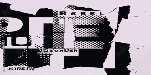 Foto Abstract collage of ripped paper halftone dots text elements with a rebel theme