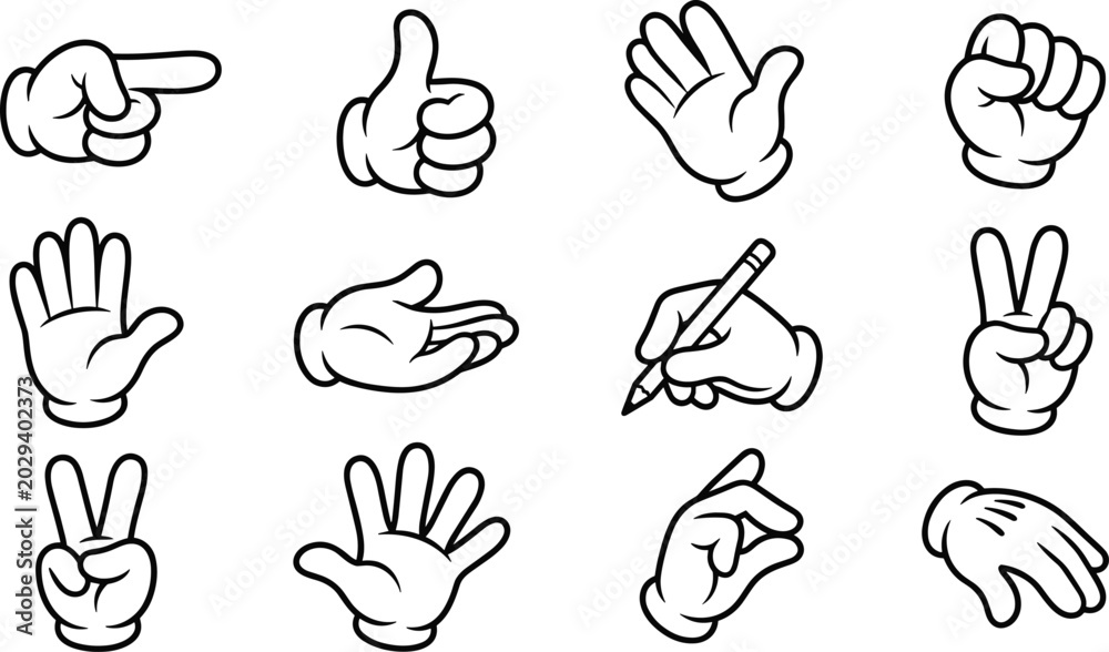 Fototapeta premium Retro Cartoon Hand Gestures Vector Pack with White Glove Finger Pointing Thumbs Up Peace Sign and Fist Icons for Comic Style Graphic Designs