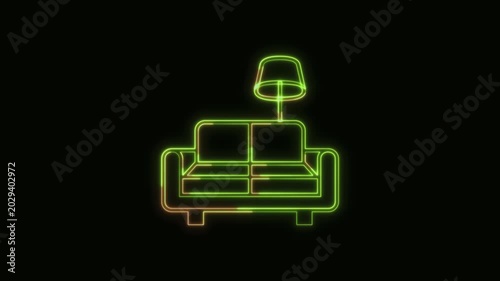 Furniture Icon Neon Seamless Loop 4K Black Background Animated Promotional Typography for Video Editing