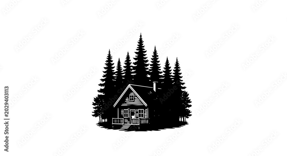 Obraz premium Black and white illustration of a log cabin in a pine forest