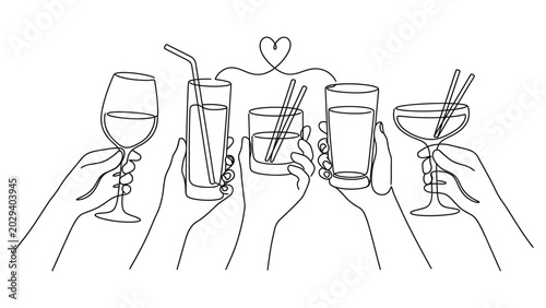 Hands holding various cocktail glasses together.