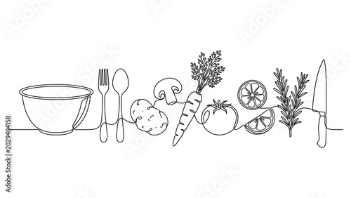A line drawing of kitchen utensils and vegetables on a table.