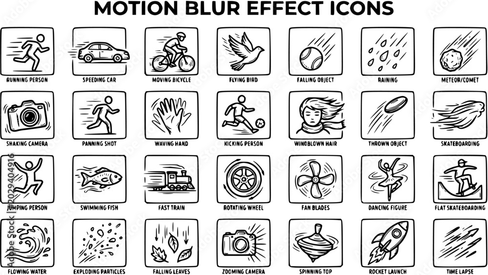 Fototapeta premium Motion Blur Effect Icons Set. Black and White Line Art Hand Drawn Symbols for Speed, Action, Movement, and Dynamic Photography Graphics.
