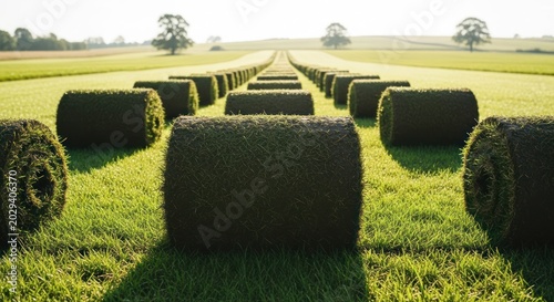 Vast Field of Rolled Sod Grass Bales Under Morning Sunlight.