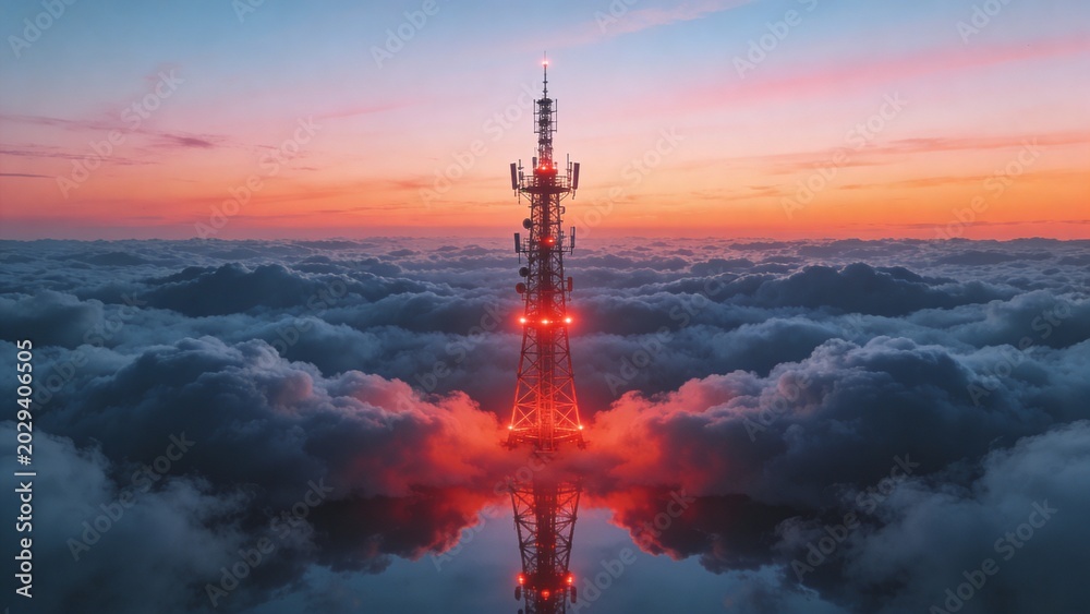 Fototapeta premium A communications tower emits bright red lights above the clouds during sunset.
