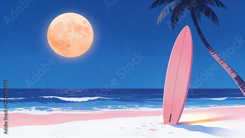 A serene beach scene at night with a surfboard under a palm tree and a full moon shining over the ocean.