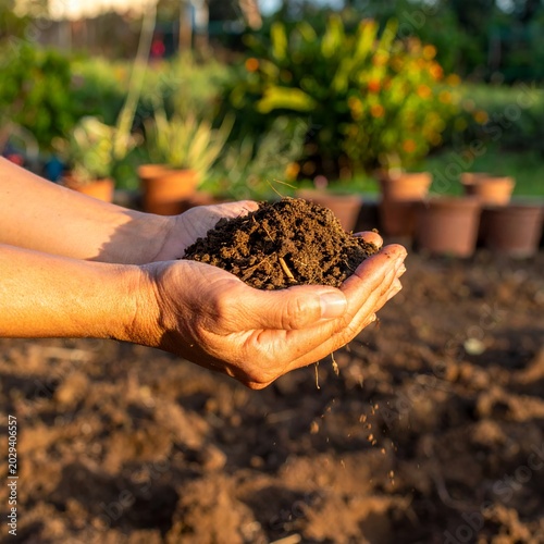 Hands holding rich soil in a garden setting, ready for planting.