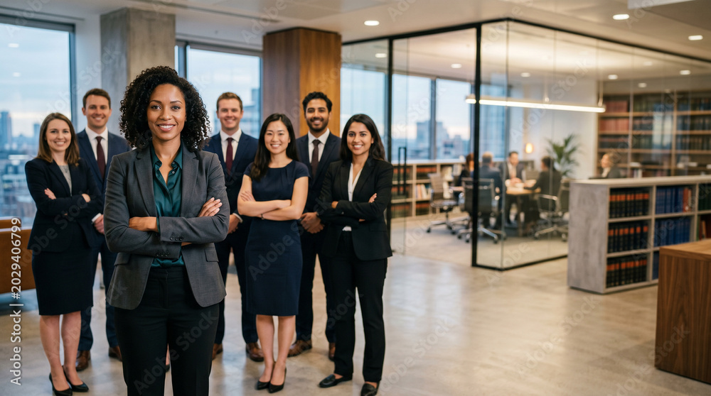 Fototapeta premium Diverse legal team standing in modern corporate law office with confident female lawyer in front, attorneys, legal advisors and paralegals, professional legal workplace, corporate law firm portrait