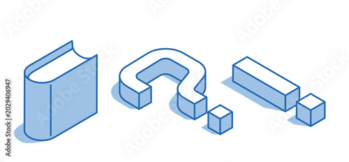 Isometric vector set of book icon next to question and exclamation mark on white background, search for knowledge