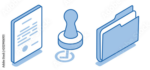 Isometric vector set of document icons next to a seal and a folder on a white background, working with documentation