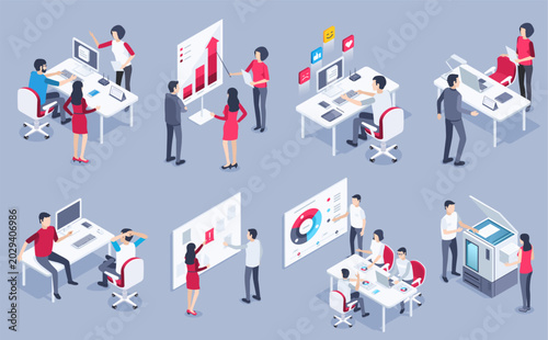 isometric vector image on a gray background, a mans and womans works in the office at the computer and discuss workflow, teamwork set