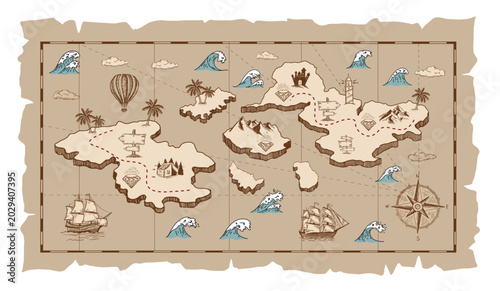 Vintage treasure map illustration with a compass, ships, and an island