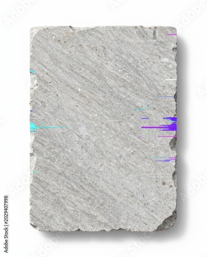 A rectangular piece of textured gray concrete with digital glitch distortion lines isolated on white. Use: graphic design, poster background, web b...