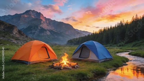 Camping tents are pitched near a campfire by a serene stream in a mountainous landscape at sunset.