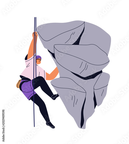 Rock climber hanging on rope harness, climbing, scaling and descending steep ...
