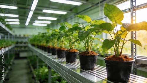 Green plants growing in pots on metal shelves in a greenhouse