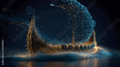 Viking ship sailing through turbulent waters is illuminated by a magical trail of glowing blue and gold light particles.