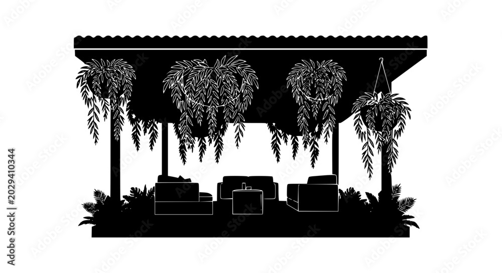 Obraz premium Minimalist silhouette of an outdoor patio with hanging plants and furniture