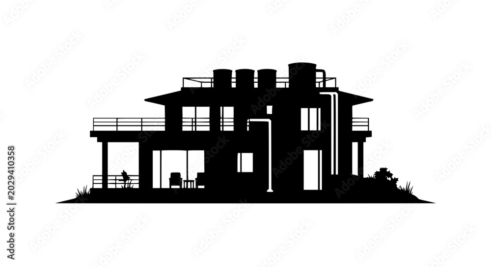 Naklejka premium Modern multi-story house silhouette isolated on white background