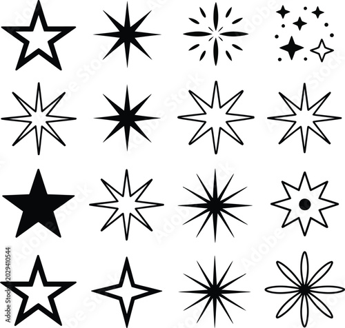 Black and White Star Icons with Christmas Snowflake Decoration Set