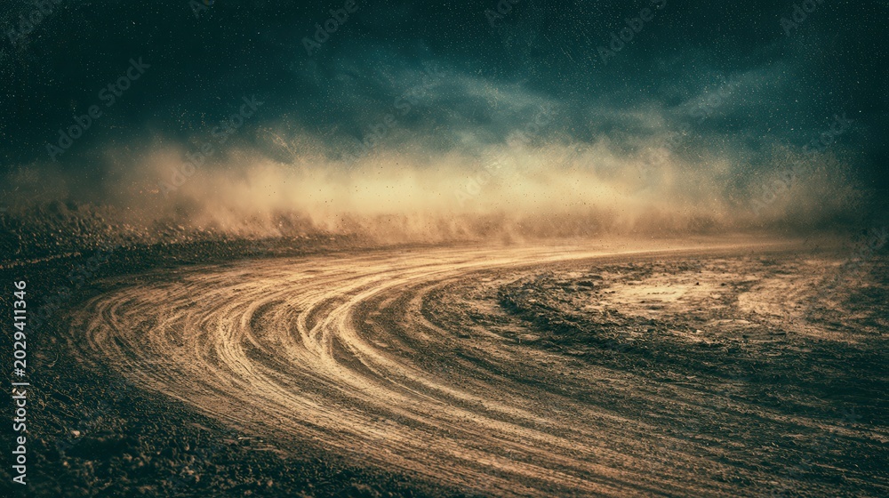 Fototapeta premium Dramatic dirt race track curve with dust under a starry night sky