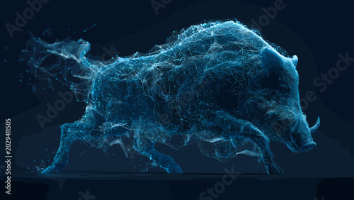 Boar rendered in a digital blue particle mesh charges forward as a symbol of untamed virtual power.