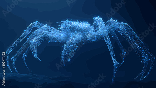 Crab formed from glowing blue digital particles stands against a dark background symbolizing marine technology.