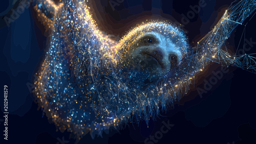 Sloth hanging from a tree branch is rendered in a shimmering blue and gold light particle style to depict tranquil nature and digital wildlife.