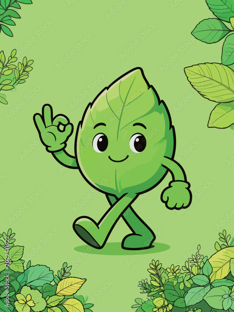 Fototapeta premium Cute Cartoon Leaf Mascot Doing OK Gesture While Walking