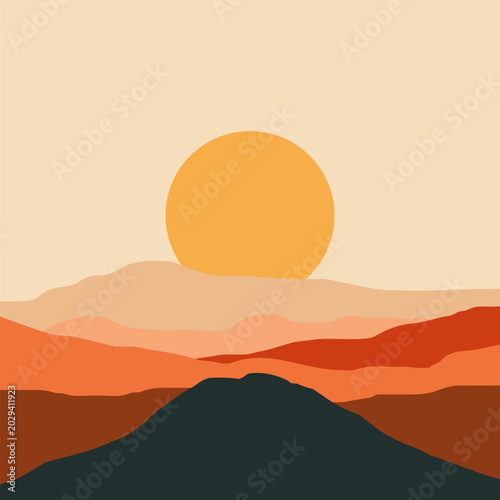 Boho style background with a minimal mountain sunset landscape design