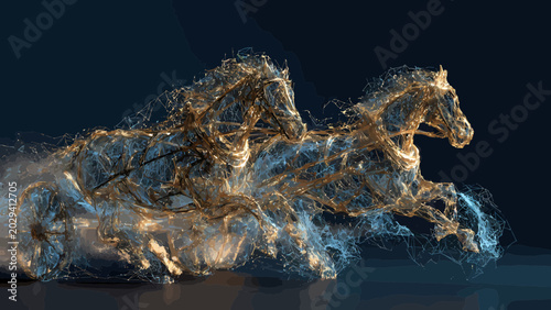 Horses running at full gallop are depicted as ethereal golden energy forms to symbolize power, speed, and the fluid grace of animal motion.