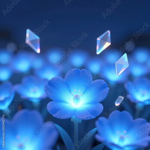 Glowing blue flowers in a surreal garden with floating diamond shapes. Use: digital art background, fantasy wallpaper, poster.