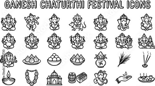 Bild auf Leinwand Ganesh Chaturthi Festival Black  White Line Art Icons: Lord Ganesha, Hindu Gods