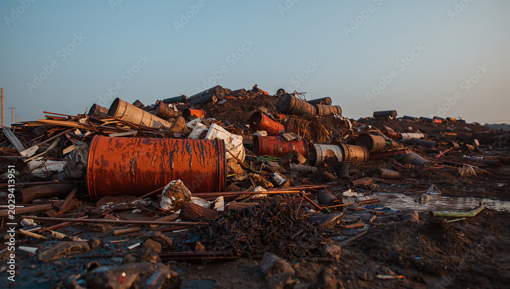 Fototapeta premium 有害ドラム缶が積み上がる危険な廃棄地を捉えた夕景写真