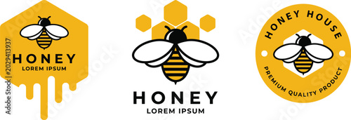 Set of three modern honey bee logos featuring stylized bee illustrations with hexagonal honeycomb elements and honey dripping effects suitable for branding packaging and product labels