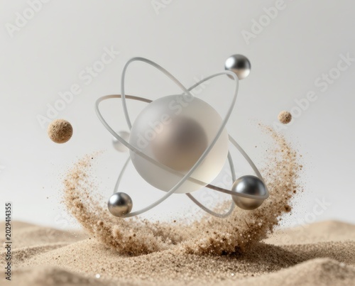 A 3D atom model with metallic spheres orbiting a frosted core over a dune of desert sand. Use: science journal, tech cover.