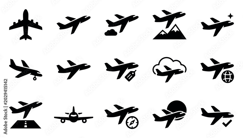 Fototapeta premium Collection of black airplane icons depicting various flight scenarios and travel-related concepts in a graphic, minimalist style