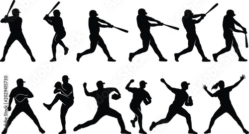 Foto Baseball player action silhouettes during game progression on white background c