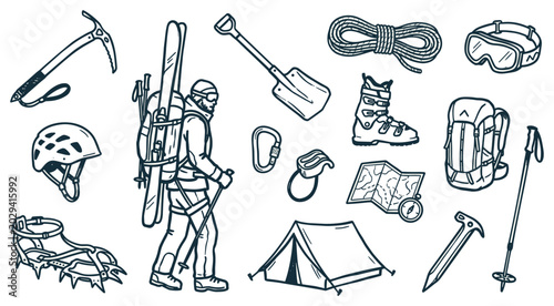 Various outdoor adventure and mountaineering equipment items are neatly arranged in a hand-drawn, illustrative style on a clean surface