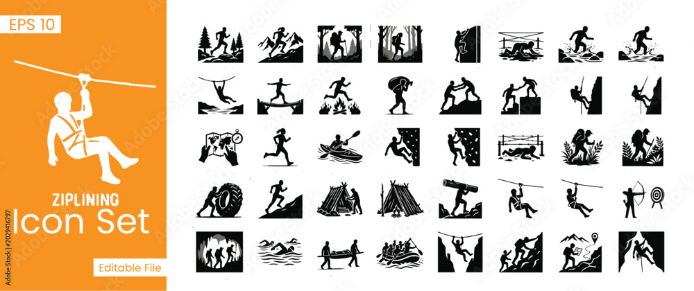 Naklejka premium Ziplining and Extreme Outdoor Adventure Icon Set Mountain Climbing Camping and Survival Sports Vector Graphic
