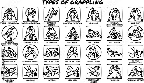 Quadro su tela Black and White Line Art Icons of Grappling Techniques for Combat Sports and Mar