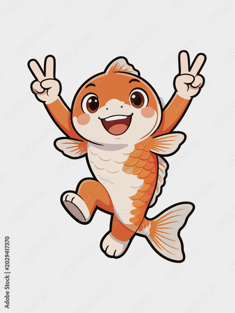 Obraz premium Cute Cartoon Koi Mascot Doing Victory Gesture