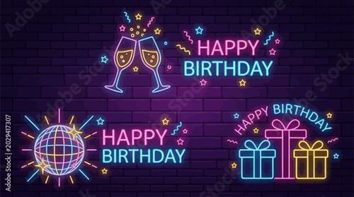 Happy Birthday Neon Signs Collection Featuring Celebration Icons