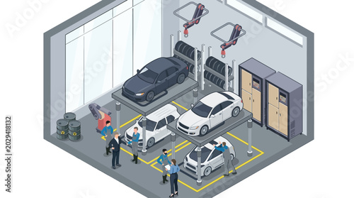 Automotive repair shop interior isometric illustration