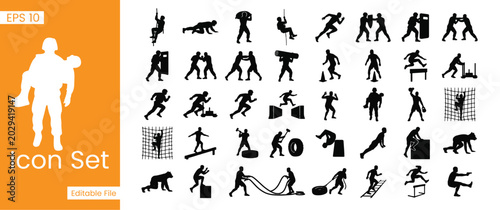 Tableau sur toile Military Tactical Training and Soldier Obstacle Course Silhouette Icons Set for