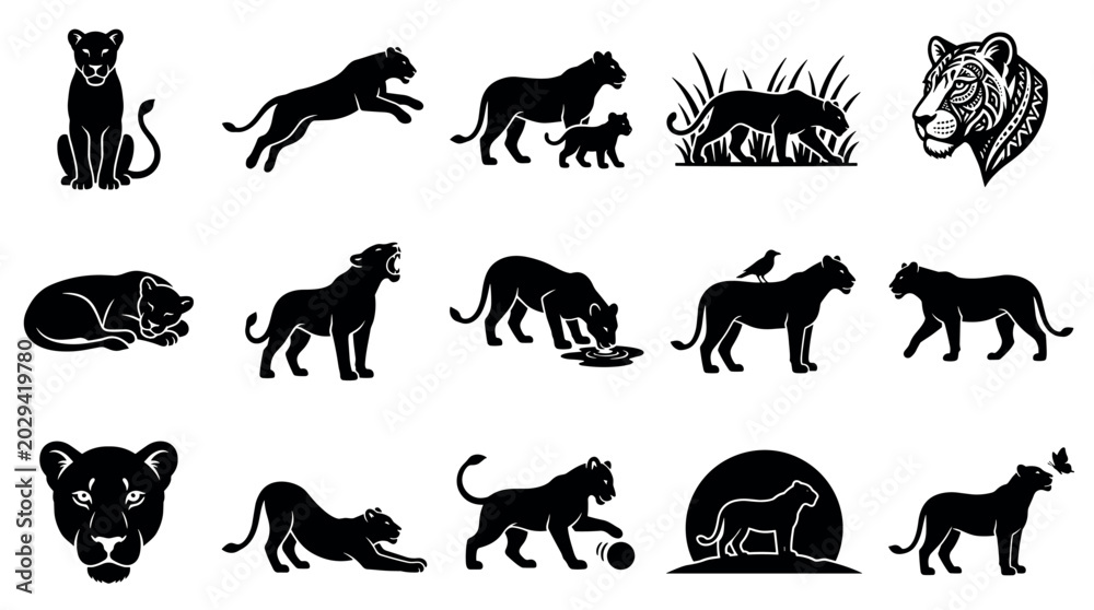 Obraz premium Various black panther silhouettes in different poses, including sitting, jumping, roaring, and drinking, presented as a collection of graphic icons