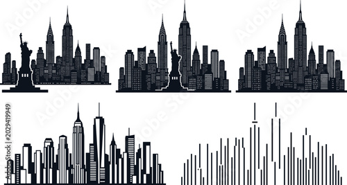 Photography New York city skyline silhouette set with iconic landmarks and urban architectur
