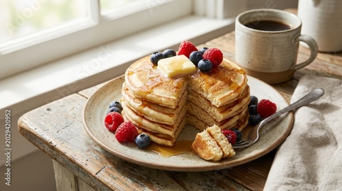 Stack of golden pancakes with berries butter and maple syrup